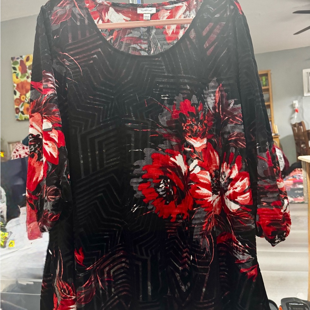 Avenue Red and Black Sheer Velour Top